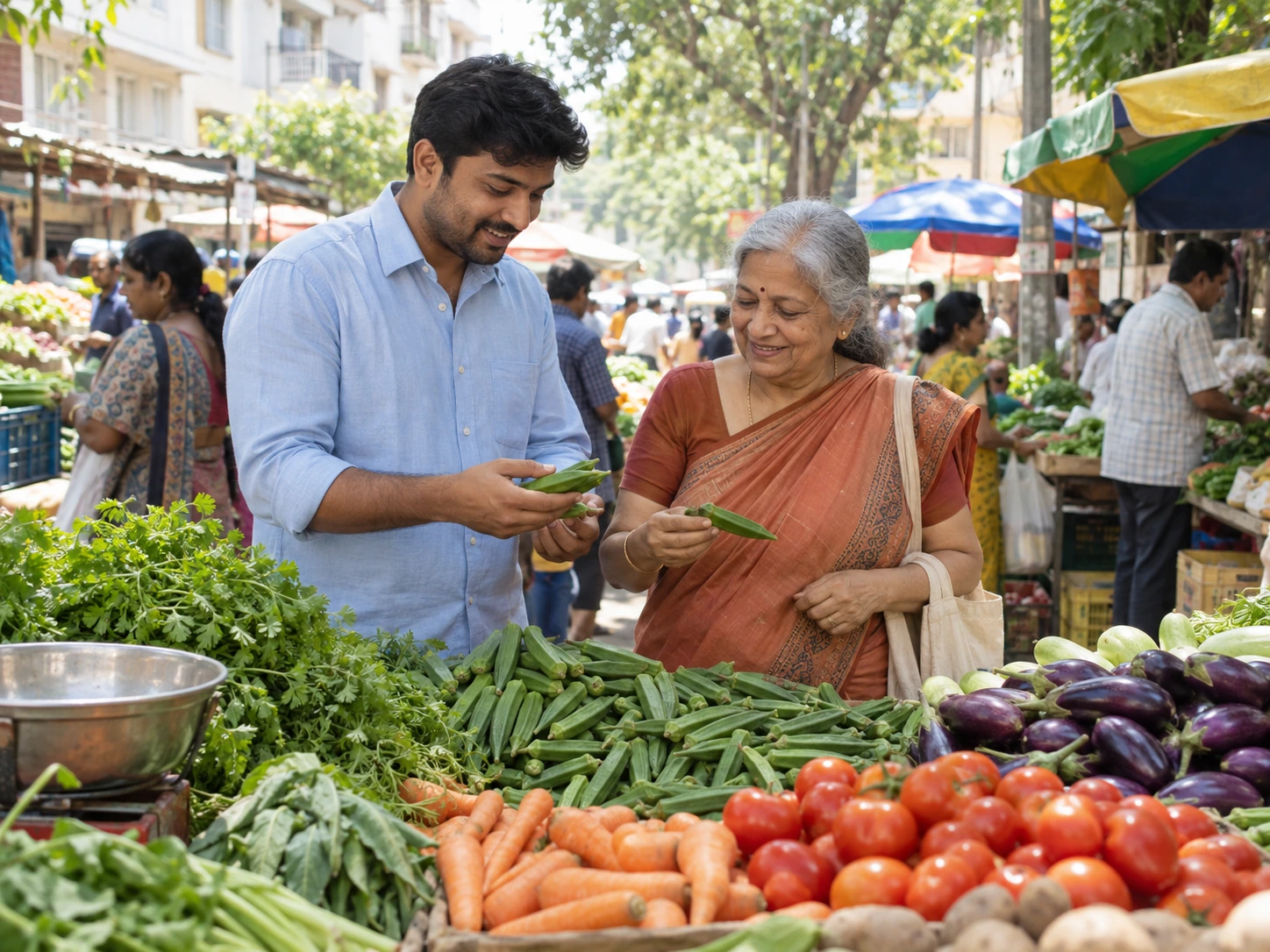 A male Saathi and an older woman choosing fresh vegetables together