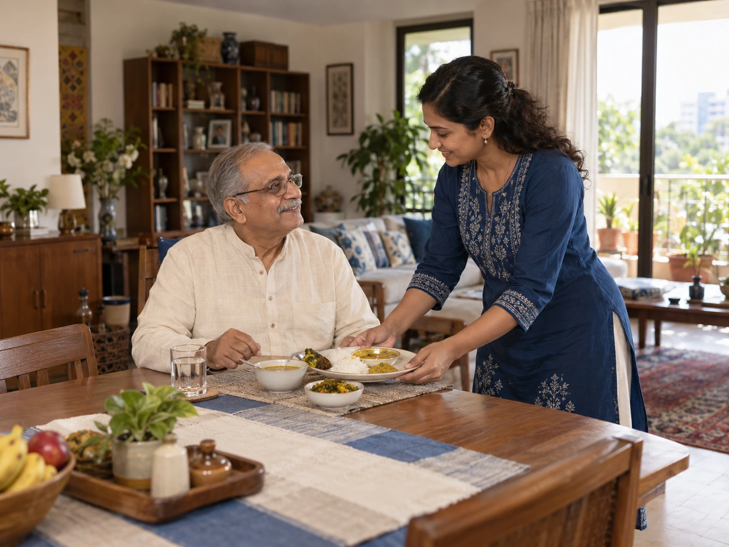 A Saathi sharing a warm moment while serving lunch to an older gentleman at home